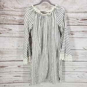 Lungo L'arno Women's 100%Linen Striped Lace Bell Sleeve Dress Large